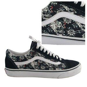 Vans Old Skool Sneakers Skulls Floral Print Black White Canvas Suede Skate Shoe